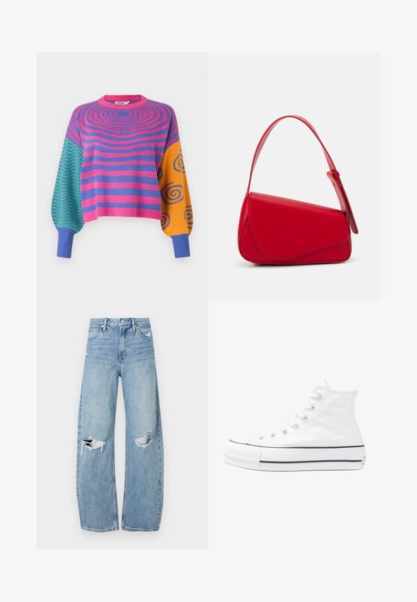 Long-sleeve sweater with pink and purple concentric stripes on the body, green and blue zigzags on one sleeve, and orange with blue spirals on the other.; Light blue, high-waisted jeans made of denim. Feature wide legs, two torn knee areas, and classic five-pocket styling.; White high-top canvas sneaker with black rubber sole, front rubber toe cap, and six eyelets for laces, featuring a clean, minimalist design.; Red leather handbag with an angular, geometric design. Features a single adjustable strap and a flap closure with stitched detailing.