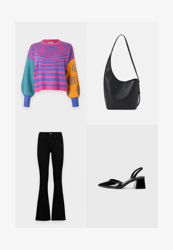 Pulover cu mâneci lungi, cu dungi concentrice roz și mov pe corp, zig-zaguri verzi și albastre pe o mânecă și spirale portocalii cu albastre pe cealaltă.; Jeans negri cu talie înaltă, cu închidere prin nasture și fermoar, buzunare frontale și picioare evazate, așezați pe un fundal alb.; Pantofi cu toc slingback din piele lacuită neagră, cu vârf ascuțit și toc geometric. Prezintă un design elegant, minimalist și o textură netedă.; Geantă hobo din piele neagră, cu o textură netedă, formă curbată și un singur bretele ajustabil; are o deschidere largă în partea de sus.