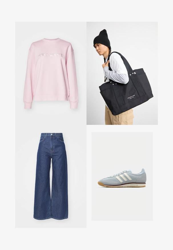 Sudadera de color rosa claro con cuello redondo, mangas largas y un logo metálico plateado de "carhartt" en el pecho. Tela suave, corte relajado.; Jeans de pierna ancha hechos de denim azul oscuro. Diseño de altura alta con cremallera y cierre de botón. Cuenta con el estilo clásico de cinco bolsillos y bordes rematados.; Zapatilla de ante azul claro con tres rayas blancas, suela de goma y malla texturizada. Presenta una puntera lisa y un logotipo en el talón.; Bolsa de lona negra con dos asas resistentes, que incluye acentos metálicos y bolsillos frontales. La marca está mostrada en texto blanco en la parte inferior.