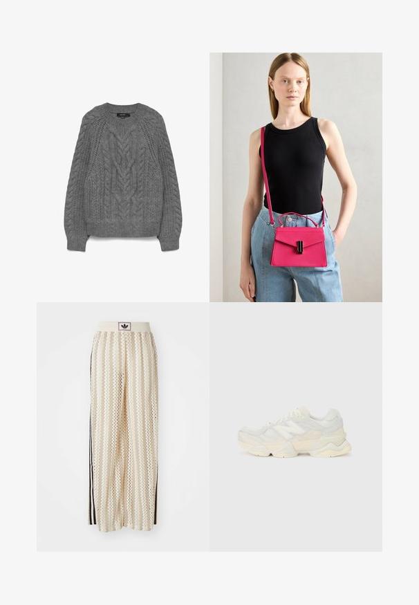 Pilkas megztinis, papuoštas kabelių raštu, su apvaliu iškirpimu ir raukiniais ant rankovių bei apatinės dalies. Tekstūruotas dizainas, naudojant įvairias mezgimo technikas.; Grietos spalvos plačios kelnės su zigzagų raštu, turinčios juodą logotipo juostą ir šonines juodas juosteles. Lengvas, tekstūruotas audinys.; Lengvas sportinis batelis su tinklinio ir zomšinės viršutine dalimi švelniu kremo atspalviu, turi masyvų pado dizainą ir trimatį akcentą.; Rožinė struktūruota rankinė su užsegimu ir juodu akcentu. Nešiojama per petį su ilgu dirželiu. Lygus paviršius.