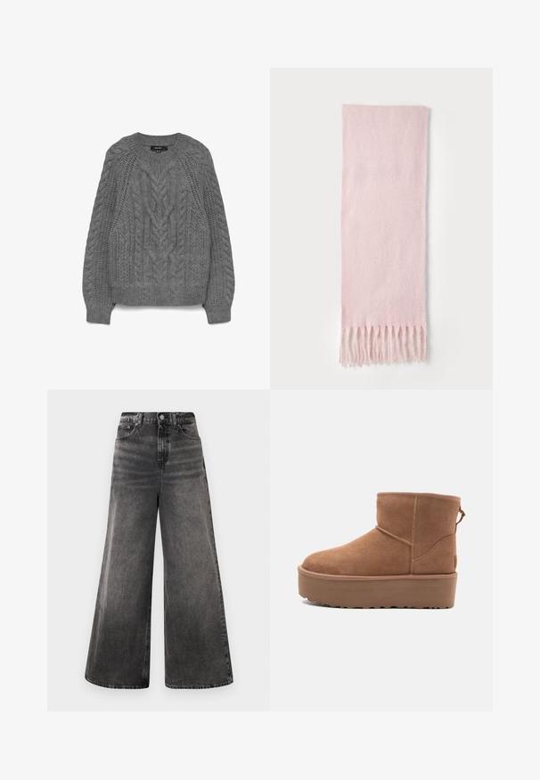 Šedý pletený svetr s kabelovým vzorem, kulatým výstřihem a žebrovanými manžetami a spodním lemem. Texturovaný design s různými pletenými technikami.; Široké černé džíny z denimu s vybledlým ombroekem, design s pěti kapsami a zapínáním na knoflík v pase, s vyšívanými detaily.; Hnědé semišové kotníkové boty s platformou, zaoblenou špičkou a prošíváním; mají poutko vzadu pro snadné obouvání.; Růžový šátek vyrobený z měkké látky, s hladkým povrchem a třásněmi na koncích. Design je obdélníkový, s jednoduchou, jednobarevnou úpravou.
