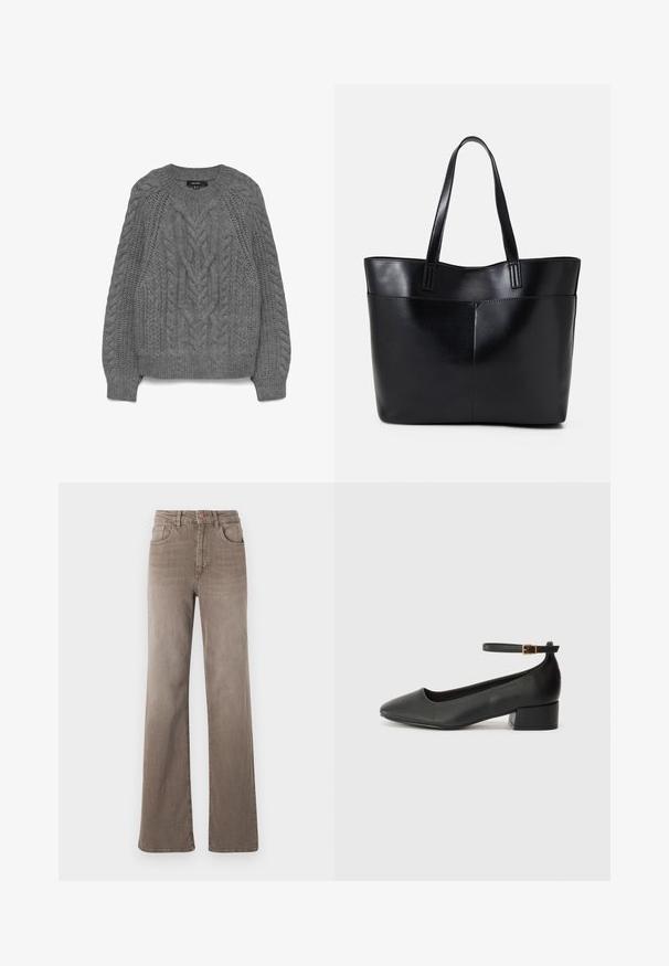 Hall värviline kootud sviiter, millel on kaelus, ringikujuline kaelus ning soonikkoes varrukad ja allserv. Tekstuuriline disain erinevate kudumistehnikatega.; Pruunid kõrge vöökohtadega sirged teksad, millel on ees nupp, vöölõngad ja klassikaline viie tasku disain valgel taustal.; Must mustaapp, millel on terav nina ja madal blokk-kand. Omab pahkluu rihma koos kuldse tooni pandlaga. Sile tekstuur.; Must mustaga musta nahast, millel on kaks pikka kanda, sile tekstuur ja struktureeritud kuju. Esipoolsel on lisakoti jaoks tasku.