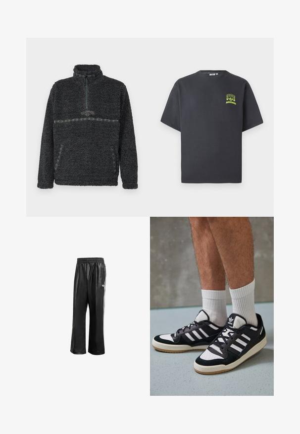 Polarowa bluza w ciemnoszarym kolorze z wysokim kołnierzem, ćwierć zamkiem oraz kontrastowymi zielonymi akcentami w wzory na klatce piersiowej i kieszeniach.; T-shirt w kolorze węgorzowym marki Adidas z krótkim rękawem i małą neonowo-zieloną grafiką głośników, słońca oraz logo Adidas na lewej klatce piersiowej.; Czarne syntetyczne spodnie dresowe z elastycznym pasem, z białymi paskami po bokach i małym białym logo na lewym biodrze.; Czarno-białe sneakersy z zamszową i skórzaną cholewką, z trzema białymi paskami, perforowanym czubkiem i gumową podeszwą w kolorze gumy.