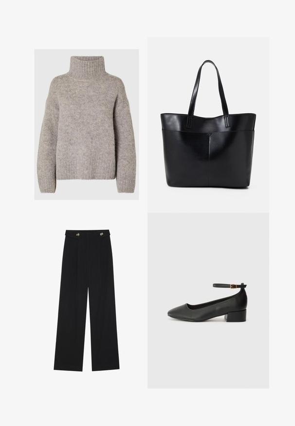 Selected Femme SLFGABELLA HIGH NECK - Pulover - steel gray; Pantaloni negri cu picioare largi, talie înaltă, detalii cu butoane pe talie și pliseuri în față.; Pantof cu toc negru din piele, cu vârf ascuțit și toc mic pătrat. Dispune de o curea la gleznă cu o cataramă în tonuri de aur. Textură netedă.; Geantă oversized din piele neagră, cu două mânere lungi, de textură netedă și formă structurată. Are un buzunar frontal pentru stocare suplimentară.