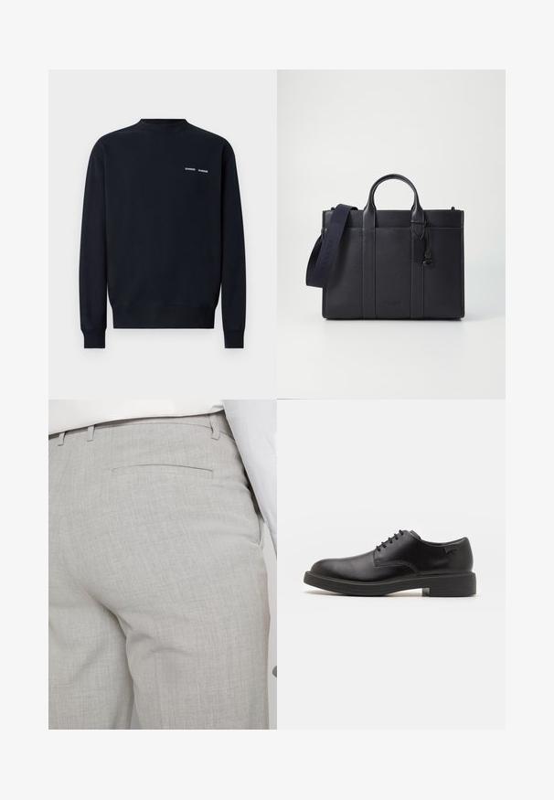 Dark navy sweatshirt made of cotton. Features a crew neckline, long sleeves, and two small white brand logos on the upper left chest.; Light gray tailored trousers made of textured fabric, featuring a single back pocket and clean stitching.; Black leather lace-up shoe with a rounded toe, smooth texture, minimal stitching, and a low rubber heel. Logo on the heel.; Dark navy leather briefcase with dual top handles and a detachable strap. Features textured finish, vertical stitching, and logo detail.