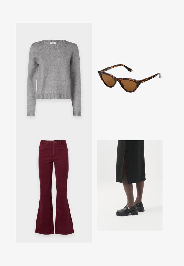 Gray knit sweater with a crew neckline and long sleeves. Features a ribbed hem and cuffs; soft texture, perfect for layering.; Burgundy corduroy flared jeans with five pockets, a front button closure, and textured fabric. Flares extend from knee to hem.; Black leather shoes with a rounded toe, thick block heel, and elastic side accents, paired with dark tights and a black skirt with a slit.; Cat-eye sunglasses with a black and orange tortoiseshell frame, brown lenses, and sleek, pointed tips. Features a minimal logo on the temple.