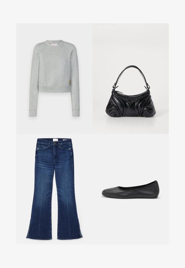Grå kortärmad sweatshirt med lång ärm, tillverkad av mjukt tyg. Har en rund halsringning, raglanärmar och en liten logotyp på sidan.; Mörkblå utsvängda jeans i denim. Har hög midja, framfickor och slitsdetaljer vid fållen. Klassisk femficksdesign.; Svart läderballerinaskor med rund tå, slät yta, minimala söm detaljer och en flexibel sula.; Svart handväska i texturerat läder med rundad form. Har en tunn axelrem och dekorativa präglade mönster.