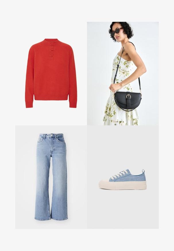 ICHI DASILA - Džemperis - fiery red; Gai zilganzs augsta jostas platajām biksēm ar priekšējām un aizmugurējām kabatām, pogu aizdari un nelielu izbalējumu gurnos un apakšmalās.; Gaiši zili kanvas sneakeri ar krēmkrāsas gumijas pirksta aizsargu un ārējo zoli, aprīkoti ar baltām šņorēm un cilpu uz papēža.; Melnas ādas rokassoma ar izliekta formu, noņemamu siksnu un zelta aksesuāriem. Somai ir vāciņš ar sprādzes detaļu.