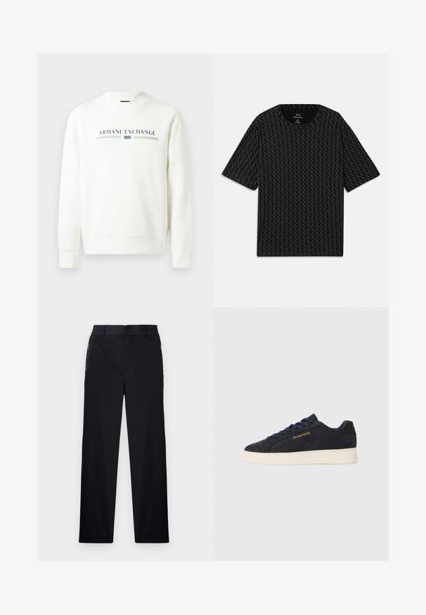 Valge kapuutsiga dressipluus ümmarguse kaeluse, pikkade varrukate ja soonikservadega. Omab sinise ja rohelisega trükitud "Armani Exchange 1991" logo.; Must mustläbiga T-särk, millel on tekstuurne muster vahelduvate 'A' logodega, lühikeste varrukatega ja ümar kaelus. Valmistatud kergest kangast.; Mustad püksid, millel on kerge, tekstuuriga kangas, sirge jala disain, elastne vöökoht ja küljetaskud sipsiga.; Tumedat sinine seemisnahast madala profiiliga tennis, valge tossutald, tumesinised paelad ning küljes kuldne "Filling Pieces" logo.