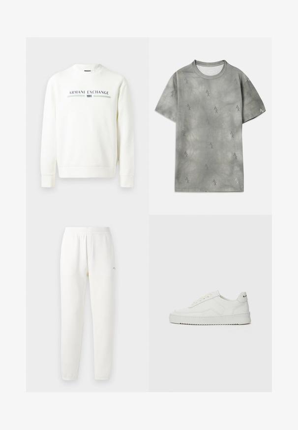 Felpa bianca con scollo rotondo, maniche lunghe e polsini a costine. Presenta il logo stampato "Armani Exchange 1991" in blu e verde.; T-shirt in cotone grigio con un sottile motivo a logo AX, scollo rotondo, maniche corte e vestibilità rilassata. Tessuto liscio con uno stile leggermente sbiadito.; Pantaloni da tuta bianchi realizzati in tessuto morbido, con vita elastica, gambe affusolate e un piccolo logo sul lato sinistro.; Sneaker in pelle bianca con una finitura liscia, punta rotonda, lacci piatti e suola testurizzata. Presenta un logo discreto sul tallone.