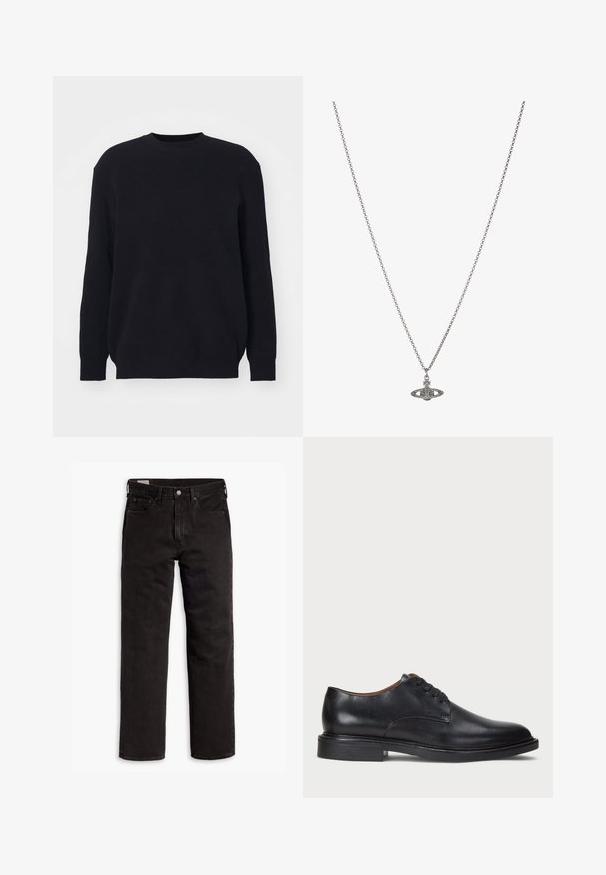 Zwart geribbeld sweater met lange mouwen en een ronde halslijn. Gemaakt van zacht gebreid stof, met een relaxte pasvorm en zonder zichtbare hardware-details.; Witte katoenen T-shirt met korte mouwen, ronde hals en subtiele Levi's logo gedrukt in het midden. Zachte textuur en standaard pasvorm.; Zwarte recht gesneden denim jeans met vijf zakken, knoopsluiting en riemlussen, plat gelegd op een witte achtergrond.; Zwart leren dresschoen met een ronde neus, vetersluiting en een lage gestapelde hak. Gladde textuur met minimale stiksels.; Zilveren ketting met een gedetailleerde hanger in de vorm van een planeet, versierd met kleine accenten en verfijnde patronen.