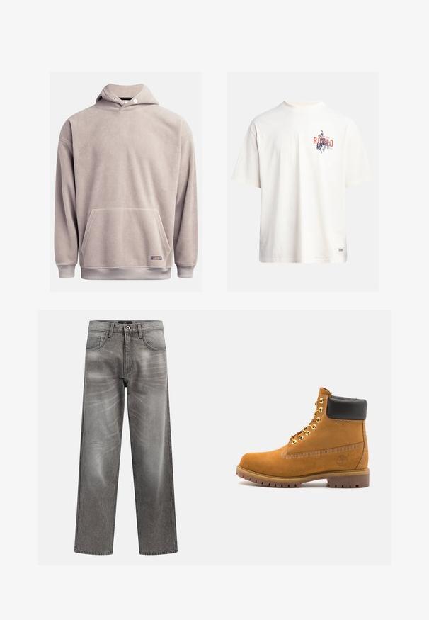 Fleece pullover hoodie in light gray, featuring a front pocket, ribbed hem, and adjustable drawstring hood. Soft texture with minimal detailing.; Cream cotton t-shirt with short sleeves and a crew neckline. Features a graphic print in blue and red with text and a motif.; Gray denim wide-leg jeans with a faded finish, classic five-pocket design, and a metal button closure. Textured fabric with subtle wear details.; Tan suede ankle boot with black padded collar, gold metal eyelets, white stitching detailing, and rugged rubber sole with pronounced treads.