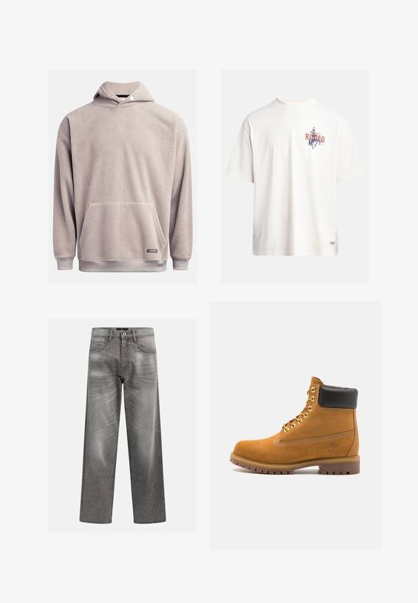 Fleece pullover hoodie in lichtgrijs, met een voorzak, ribgebreide zoom en verstelbare trekkoorden in de capuchon. Zachte textuur met minimale details.; Crème katoenen t-shirt met korte mouwen en een ronde hals. Kenmerkt een grafische print in blauw en rood met tekst en een motief.; Grijze denims met een losse pasvorm, voorzien van whiskering en vervagingdetails, een klassieke vijf-pocketontwerp en een knoopsluiting.; Tan suède enkelboot met zwart gevoerd kraagje, gouden metalen oogjes, witte stikdetails en een robuuste rubberen zool met uitgesproken profiel.