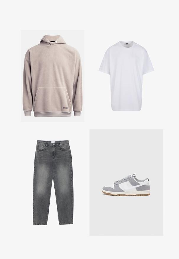 Fleece pullover hoodie i lys grå, med en frontlomme, ribbet kant og justerbar snøre i hætten. Blød tekstur med minimal detaljer.; Hvid bomulds t-shirt med korte ærmer, rund halsudskæring, afslappet pasform, og ingen synlige logoer eller mønstre. Glat tekstur og minimalistisk design.; Høj talje, løstsiddende jeans i falmet sort denim. Har fem lommer, bæltestropper og et rent, lige ben design.; Grå og hvid sneaker med en overdel i ruskind og læder, rund tå, flade snørebånd og en gummisål med en gummifarvet detalje.