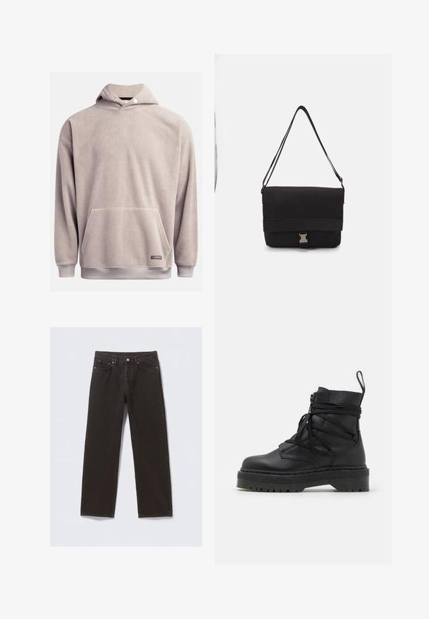 Sweat à capuche en polaire de couleur gris clair, doté d'une poche avant, d'un ourlet côtelé et d'une capuche avec cordon de serrage réglable. Texture douce avec un minimum de détails.; Jeans en denim noir avec une coupe droite, cinq poches et des coutures couleur cuivre. Texture lisse, fermeture à bouton classique à la taille.; Bottines en cuir noir avec une semelle texturée épaisse, dotées d'une fermeture zippée, d'un laçage et d'une languette à l'arrière.; Sac messager noir en matériau lisse, avec un rabat repliable, des fermoirs en métal argenté et une bandoulière réglable.