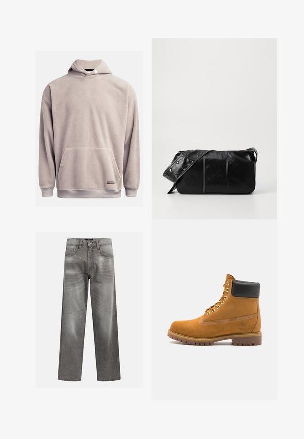 Felpa con cappuccio in pile di colore grigio chiaro, con tasca frontale, bordo a costine e cappuccio regolabile con cordino. Tessuto morbido con dettagli minimi.; Jeans in denim grigio a vestibilità ampia, con dettagli di whiskering e scoloritura, design classico a cinque tasche e chiusura con bottone.; Stivale alla caviglia in suede tan con collare imbottito nero, occhielli in metallo dorato, dettagli in cucitura bianca e suola in gomma robusta con battistrada pronunciato.; Borsa a spalla in pelle nera con chiusura a zip, caratterizzata da un corpo testurizzato, cuciture bianche e una tracolla con occhielli in argento.