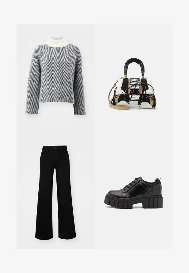 Megztinis su banguota raštu, pilkos ir baltos spalvų, aukštu krūtinės apykakle ir šiek tiek trumpesniu dizainu. Tekstūruotas paviršius.; Juodos plačios kelnės iš denimo, turinčios struktūruotą juosmenį, diržo kilpas ir priekines kišenes. Lygus paviršius su klasikinio dizaino elementais.; Juodi odiniai platformos batai su masyviu blokuota kulniuku, apvalia nosimi ir tradiciniu šnypštimo dizainu. Turintys glotnų paviršių ir minimalų dekoravimą.; Daugiaspalvė rankinė su juoda, balta ir smėline tinkleliu. Yra tekstūruota rankena, nertimo dizainas ir nuimamas peties diržas.