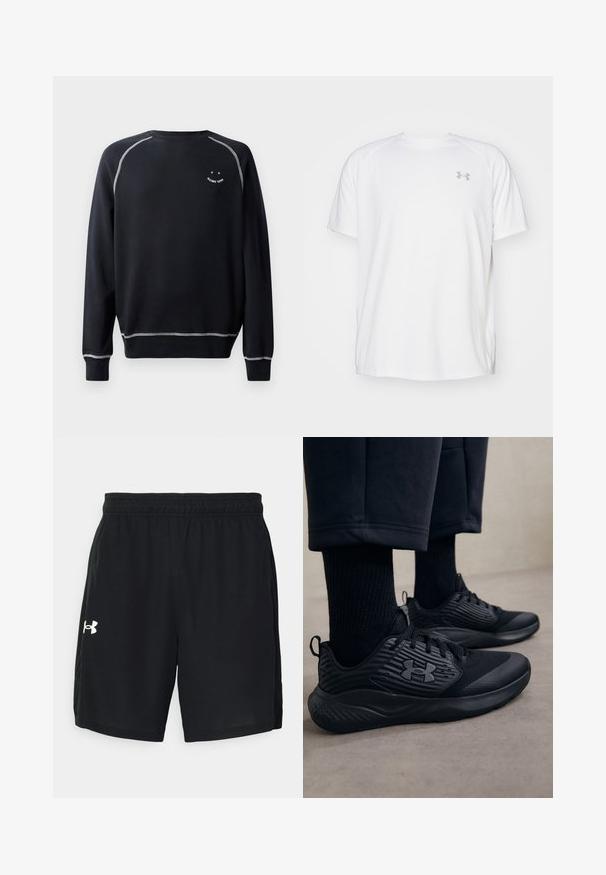 Černá mikina se širokým výstřihem, dlouhými rukávy a kontrastním bílým prošíváním. Obsahuje malou grafiku na hrudi. Měkká textura materiálu.; Bílé sportovní tričko s krátkým rukávem vyrobené z hladké látky. Má kulatý výstřih a šedé logo na levé straně hrudi, s bočními rozparky na lemu.; Černé sportovní šortky vyrobené z lehkého materiálu, s elastickým pasem a bílým logem na levé straně.; Osoba v černých sportovních teniskách s texturovanými stranami a logem, v kombinaci s černými ponožkami a zkrácenými kalhotami na světlé podlaze.