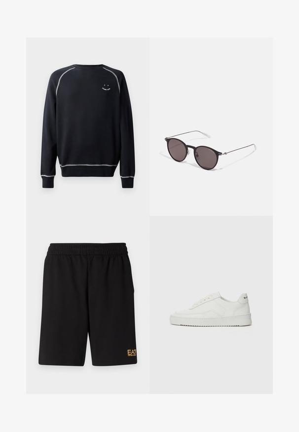 Sweatshirt noir avec un col rond, des manches longues et des coutures blanches contrastantes. Présente un petit motif sur la poitrine. Texture en tissu douce.; T-shirt en coton noir avec un col rond, des manches courtes et le logo "EMPORIO ARMANI" en blanc au-dessus de "Milano" dans un design incurvé.; Shorts de sport noirs en tissu doux, avec une taille élastique et un petit logo jaune EA7 sur le bas de la jambe gauche.; Baskets en cuir blanc avec une finition lisse, bout arrondi, lacets plats et semelle texturée. Présente un logo discret sur le talon.; Lunettes de soleil noires rondes avec verres sombres et branches en métal fines. Comprend des embouts transparents et des accents argentés au niveau de la charnière. Design minimaliste.