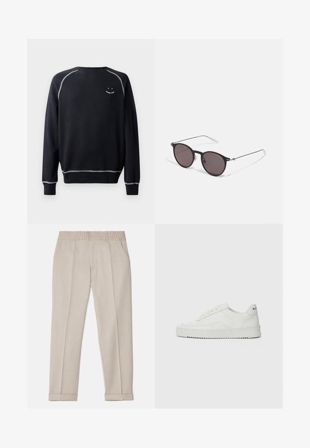 Felpa nera con collo rotondo, maniche lunghe e cuciture bianche in contrasto. Presenta una piccola grafica sul petto. Tessuto morbido al tatto.; Filippa K TERRY CROPPED TROUSERS - Pantaloni - sage melange; Sneaker in pelle bianca con una finitura liscia, punta rotonda, lacci piatti e suola testurizzata. Presenta un logo discreto sul tallone.; Occhiali da sole neri rotondi con lenti scure e sottili bracci in metallo. Include punte trasparenti e accenti argentati alla cerniera. Design minimalista.