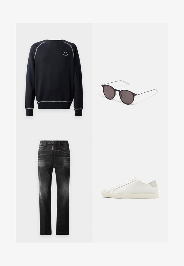 Hanorac negru cu guler rotund, mâneci lungi și cusături albe contrastante. Prezintă un grafic mic pe piept. Textură moale a materialului.; Jeans din denim negru cu o croială dreaptă. Au zone decolorate, ușoare uzuri, design clasic cu cinci buzunare și închidere cu buton.; Tenisii albi din piele cu o suprafață netedă, vârf rotund și un design minimalist. Prezintă accente bej pe toc și o talpă din cauciuc.; Ochelari de soare negri rotunzi cu lentile întunecate și brațe metalice subțiri. Include vârfuri transparente pentru brate și accente argintii la balama. Design minimalist.