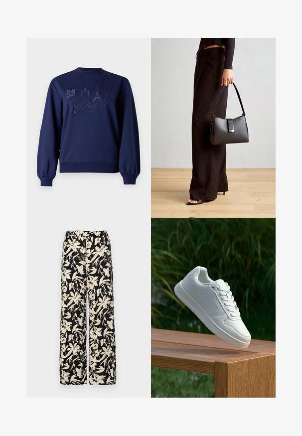 Sweatshirt azul-marinho com decote arredondado, punhos canelados e um bordado do skyline de Paris com texto e pontos de referência notáveis.; Calças largas pretas com um padrão floral creme. Feitas de um tecido leve, apresentando uma textura suave e uma cintura alta.; Sapatilha branca com um cabedal sintético liso, caixa dos dedos perfurada, atacadores planos e uma sola texturizada, exposta sobre uma superfície de madeira.; Bolsa preta com forma estruturada, textura suave e um fecho metálico. Combinada com calças largas pretas e sandálias de salto aberto sobre um chão de madeira.