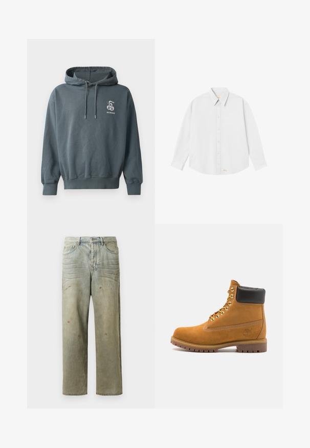 Sötét kékeszöld szövetből készült kapucnis póló, elülső kenguruzsebbel, húzózsinóros kapucnival és hímzett kígyólogóval a mellkason.; Fehér gombos ing, klasszikus gallérral, hosszú ujjakkal és kerekített aljjal; a bal alsó részen kis narancssárga logó található.; Fakó zöld, kopott farmerszadrág, egyenes lábbal, ötk zsebes kialakítással, egyenetlen kopással és festékcseppekkel.; Barna velúr bokacipő fekete párnázott gallérral, arany fém fűzőlyukakkal, fehér varrási részletekkel és durva gumitalppal, amelynek kifejezett barázdái vannak.