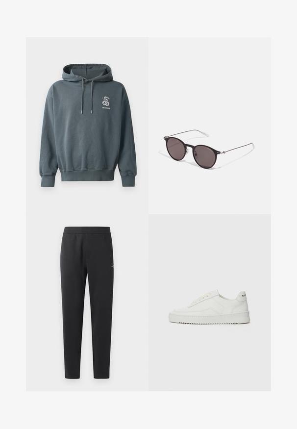 Tamsiai mėlynos-žalios spalvos gobtuvu viršutinė dalis, su priekiu kengūros kišenėje, raišteliu reguliuojamu gobtuvu ir išsiuvinėtu gyvūno logotipu ant krūtinės.; Juodos sportinės kelnės, pagamintos iš minkštos medžiagos, su elastinga juosmeniu, tiesiomis kojomis ir nedideliu logotipo akcentu šone.; Balti odiniai sportiniai bateliai su lygia apdaila, apvaliu pirštu, plokščiais raišteliais ir tekstūruotu padu. Pasižymi subtiliu logotipu ant kulno.; Juodos apvalios saulės akinių su tamsiais lęšiais ir plonomis metalinėmis šakomis. Įtraukti skaidrūs šventyklų galai ir sidabriniai akcentai vyrio srityje. Minimalistinis dizainas.