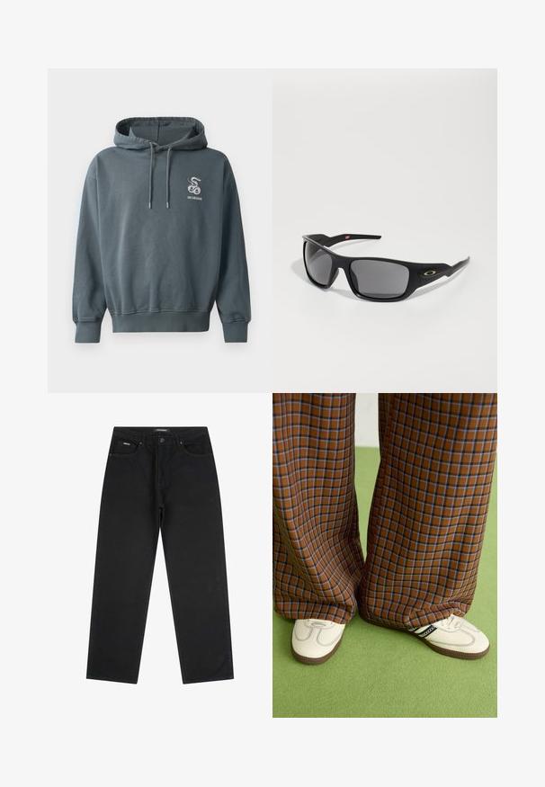 Hoodie i mörkblågrön tyg, med en framficka för kängurur, dragskohette och broderad ormlogo på bröstet.; Svarta raka jeans med framknäppning och dragkedja, bältesöglor och femfickdesign, utlagda platt på en vit bakgrund.; Bruna och blå rutiga vida byxor i kombination med vita skor med svarta accenter och texturerade sulor, mot en grön bakgrund.; Svarta solglasögon med rektangulär form, tillverkade av hållbar plast, med gråfärgade linser och en gulddetalj på sidan.
