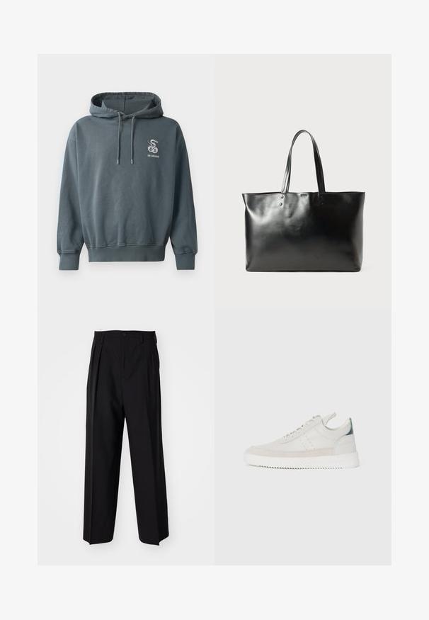 Mikina s kapucňou v tmavozelenej farbe, obsahuje predné klokanie vrecko, kapucňu so šnúrkou a vyšívané logo hada na hrudi.; Čierne skladané nohavice s rovnom, širokým strihom. Vyrobené z hladkého materiálu, s gombíkovým zapínaním a pútkami na opasok.; Biele kožené tenisky s šedými semišovými akcentmi, viazanie, pútko na päte a textúrovaná gumová podrážka s cik-cak vzorom.; Čierna hladká kožená taška cez plece s dvoma ramennými popruhmi, obdĺžnikový tvar a decentné prešívanie na bielom pozadí.