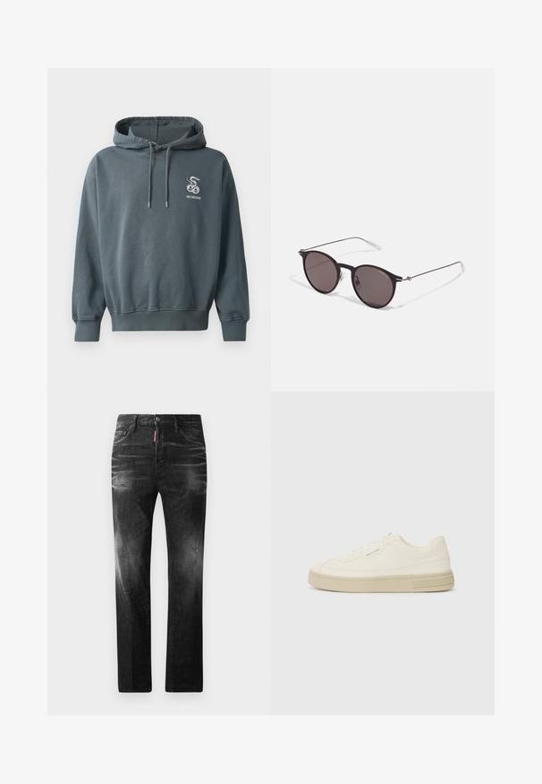 Mikina s kapucí v tmavě modrozelené barvě, má přední klokanní kapsu, stahovací kapuci a vyšitý hadí logo na hrudi.; Černé džíny z denimu se rovnými nohavicemi. Obsahují vybledlé oblasti, drobné poškození, klasický pětikapsový design a zapínání na knoflík.; Bílé plátěné tenisky s texturovanou gumovou podrážkou, se šitým špičkovým krytem a logem na patě. Jednoduchý design na šněrování.; Černé kulaté sluneční brýle s tmavými skly a tenkými kovovými nohami. Obsahují průhledné koncovky nožiček a stříbrné akcenty na pantu. Minimalistický design.