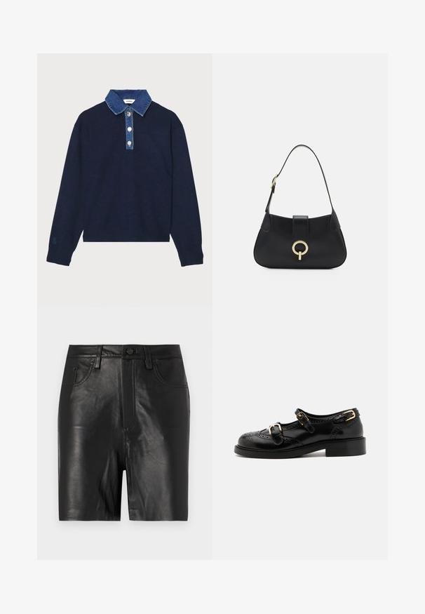 sandro DAMIEN - Stickad tröja - marine; Svarta lädershorts med en slät textur, utrustade med dragkedja fram, knappstängning och klassisk femfickdesign.; Svarta läderskor med broguedetaljer, utrustade med två spännen, rund tå och låg klack. Slät textur med glänsande finish.; Svart läderhandväska med en böjd silhuett, kort rem, centrala detaljer i guldton och slät textur. Inga synliga mönster eller accenter.