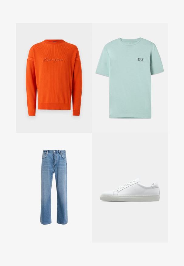 Apelsīnu krāsas adīta džemperis ar ribotu faktūru, apaļu izgriezumu un izšūtu logo detaļu. Iezīmē garas piedurknes un brīvu piegriezumu.; Gaisni piparmētru zaļš T-krekls, kas izgatavots no kokvilnas, ar īsām piedurknēm un apaļu kaklu, uz krūtīm ar mazu melnu EA7 logotipu.; Gai zilas džinsu bikses ar taisnām kājām, piecām kabatām, pogu aizvēršanu, minimālu izbalēšanu un kontrastējošiem šuvju elementiem.; Baltie sporta apavi ar gludu ādas virsu un zemu profilu. Iezīmējas ar noapaļotu purngalu, sešām acīm un teksturētu gumijas zoli.