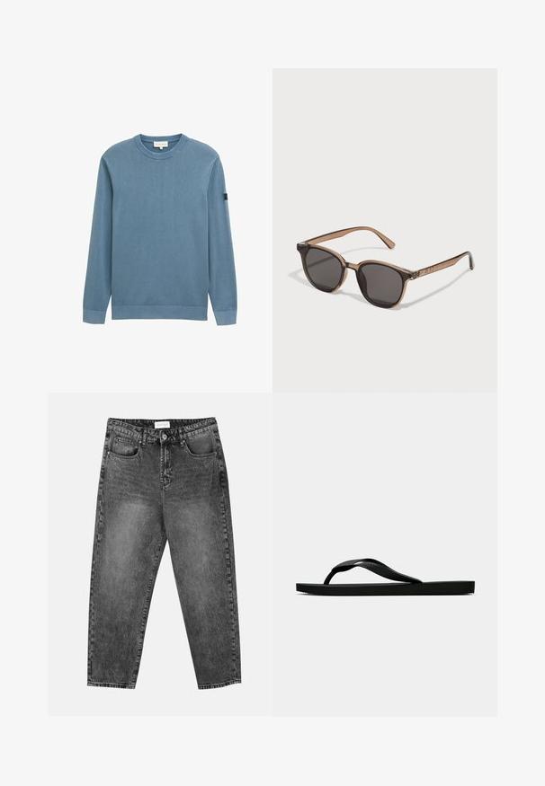 Sudadera azul de cuello redondo con mangas largas, hecha de suave tela de algodón, que cuenta con un cuello y puños de canalé, y un discreto parche con el logo en la manga.; Conjunto de cinco camisetas de manga corta en blanco, beige, gris claro, gris oscuro y negro. Hechas de algodón suave, con un diseño de cuello redondo.; Jeans de pernera recta en lavado negro con bolsillos delanteros y traseros, trabillas para cinturón y cierre de botón en la cintura.; Chancla de goma negra con una tira de dedo texturizada y una suela plana sencilla, vista de lado sobre un fondo claro y liso.; Gafas de sol de plástico marrón con lentes oscuros, forma redondeada y patillas estrechas. Adorno notable en las varillas.; Bufanda negra con flecos en los extremos; hecha de un material suave y presenta una textura lisa. Forma rectangular, adecuada para diversas opciones de estilo.; Bolsa de deporte negra con asas gruesas y una correa desmontable. Fabricada en un tejido suave, cuenta con un cierre de cremallera y un diseño minimalista.