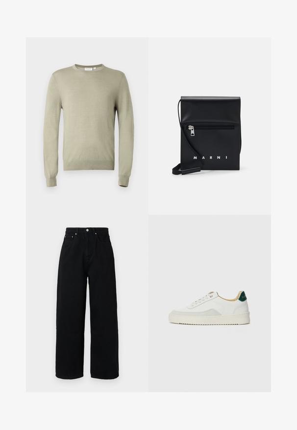 Tiger of Sweden CONNOR - Jumper - granite green; Black wide-leg pants made of cotton, featuring a high waist, front pockets, silver-tone button, and clean hemline.; White sneaker with suede accents, rounded toe, flat laces, and a cream rubber sole. Features green branding on the heel.; Black leather crossbody bag with a zippered front pocket, embossed logo, and adjustable strap. Smooth texture with a structured shape.