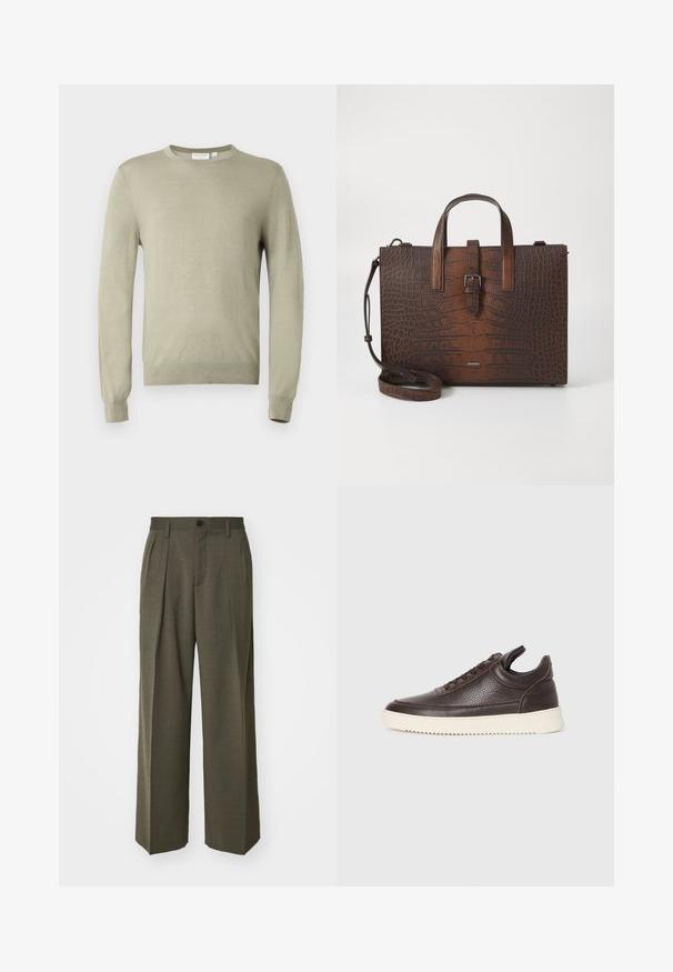 Tiger of Sweden CONNOR - Jumper - granite green; Filippa K WIDE TROUSERS - Trousers - driftwood; Dark brown textured leather sneaker with lace-up front and white ridged rubber sole on a plain light background.; Brown crocodile-embossed leather handbag with top handles and a detachable shoulder strap. Features a buckle closure and rectangular shape.