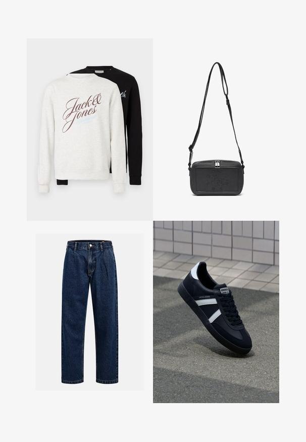 Kaks sweatshirti; yksi vaaleanharmaa ruskealla ja sinisellä tekstillä, ja toinen musta. Molemmissa on pitkät hihat ja ribatut hihansuut.; Tummansininen farkkushortsit suoralla lahkeella. Ominaisuuksiin kuuluvat näkyvät saumat, napitus ja etulaskokset lisäyksinä.; Mustat nahkakengät valkoisilla raidoilla, teksturoitu kumipohja ja nauha edessä. Varustettu merkkitarralla kielen päällä.; Musta nahkainen olkalaukku vetoketjulla, etuosassa kohoamalla painettu logo ja säädettävä hihna. Sujuva pinta ja suorakulmainen muoto.