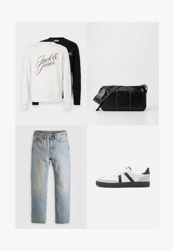 Set of two sweatshirts; one light gray with brown and blue lettering, and one black. Both have long sleeves and ribbed cuffs.; Light blue denim jeans with high waist, front button, zipper, and five-pocket design, laid flat on a neutral background.; White sneaker with black and gray accents, featuring a textured gray toe cap, black rubber sole, and flat white laces. Clean design, minimalist style.; Black leather shoulder bag with a zip closure, featuring a textured body, white stitching, and a strap with silver grommets.