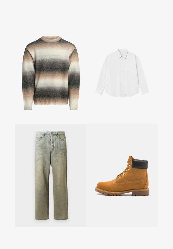 Suéter de punto con cuello redondo, puños acanalados y un patrón degradado en tonos crema, beige y gris. Textura suave y corte relajado.; Camisa blanca de botones con cuello clásico, mangas largas y dobladillo redondeado; presenta un pequeño logo naranja en la parte inferior izquierda.; Jeans de mezclilla desgastados en verde claro, con corte recto, diseño de cinco bolsillos y decoloración desigual con manchas de pintura.; Botín de ante marrón claro con collar acolchado negro, ojales de metal dorado, detalles de costura blanca y suela de goma resistente con tacos pronunciados.