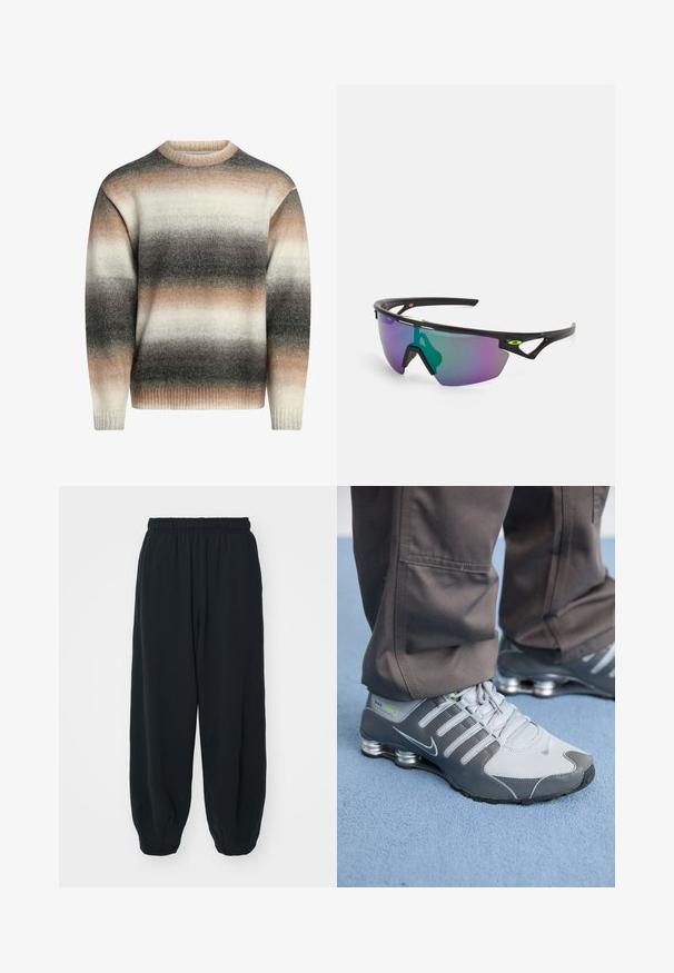 Knit sweater featuring a crew neck, ribbed cuffs, and a gradient pattern in cream, beige, and gray tones. Soft texture and relaxed fit.; Black, elasticated-waist sweatpants with a loose fit, cuffed ankles, smooth texture, and no visible patterns or hardware accents.; Gray and silver Nike Shox sneakers feature a sleek design, with mesh and synthetic materials, a rounded toe, and a padded collar.; Sport sunglasses with a black frame, large gradient lens featuring purple and green hues, and angular design accents with logo detail.