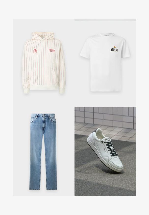 Felpa con cappuccio color crema con strisce verticali rosse. Presenta una tasca frontale, loghi ricamati e polsini e orlo a coste.; T-shirt di cotone bianco a maniche corte, con logo "REPLAY GRAND HOTEL" in nero e oro sul lato sinistro del petto. Design semplice, vestibilità regolare.; Jeans in denim azzurro chiaro a gamba dritta con tasche, rivetti in rame e chiusura a bottone. Presentano un design sbiadito e un orlo pulito.; Sneaker in pelle bianca con punta perforata, lacci neri e accentuazione sul tallone. Presenta il marchio "REPLAY" e una suola in gomma solida.