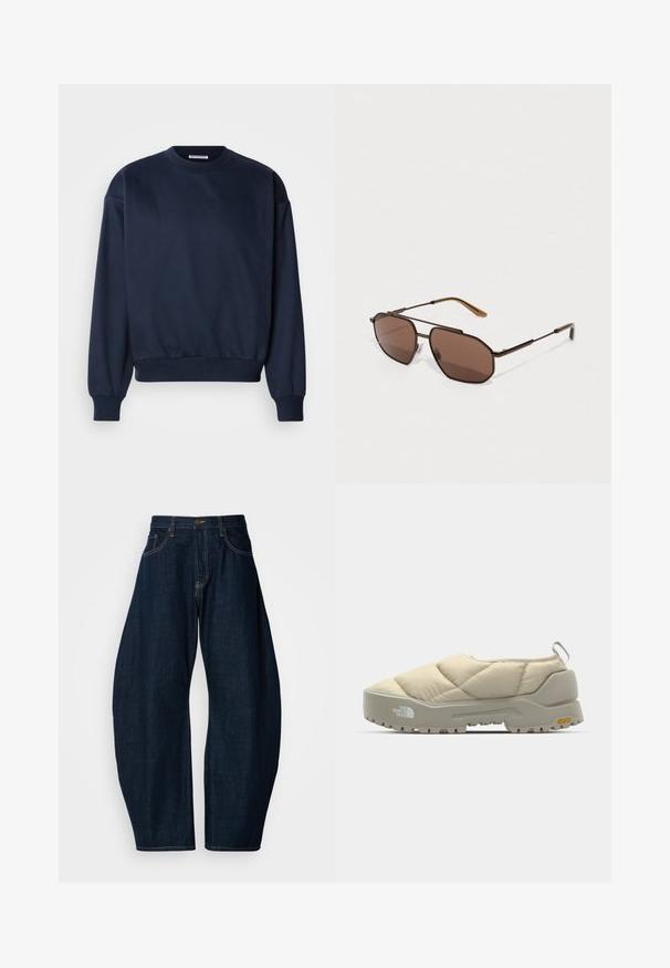 Sudadera azul marino con cuello redondo, mangas largas, puños acanalados y cinturilla, hecha de una tela suave y lisa.; Vaqueros de mezclilla azul oscuro con un diseño de pierna ancha, que presentan costuras prominentes, cinco bolsillos y un cierre de botón de latón en la cintura.; Zapato slip-on acolchado beige con suela Vibram gris, de forma redondeada y con lazo trasero. Presenta un logo en el lateral y una superficie superior texturizada.; Gafas de sol marrones en forma octogonal con un delgado marco de metal negro, acentuadas por las patillas marrones. Las lentes de oscuro tono ofrecen protección UV.