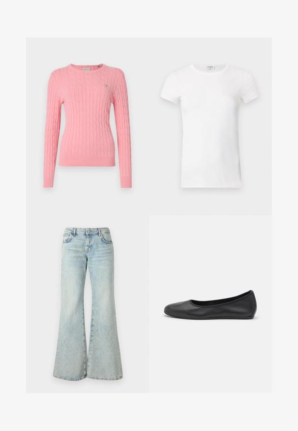 Rózsaszín kötött pulóver, kábelmintával, kerek nyakkivágással, hosszú ujjakkal és bordázott aljjal. Kisebb logó részlet a bal mellen.; Fehér bordás, rövid ujjú póló, kerek nyakkal. Az anyag simának tűnik, testhezálló fazonnal. A márkázott címke a gallérnál látható.; Világoskék, trapéz szabású farmernadrág, magas derékkal, zsebekkel és fonott szegéllyel. Az anyag kifakult mosást és finom textúrát mutat.; Fekete bőr balettcipő lekerekített orral, sima tekstúrával, minimális varrással és rugalmas talp kialakítással.