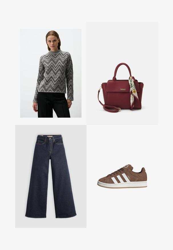 Pull gris avec un motif en chevron noir, doté d'un col montant et de manches longues, fabriqué en tissu tricoté texturé.; Jean en denim à jambe large, bleu foncé, avec des surpiqûres contrastées. Présente un design traditionnel à cinq poches et une fermeture à bouton à la taille.; Baskets en daim marron avec des bandes en cuir blanc, semelle en caoutchouc, bout arrondi et lacets. Comprend un logo sur la languette et des accents perforés.; Sac à main bourgogne en matériau synthétique avec un design structuré, doté d'une bandoulière amovible et d'un foulard à motif floral noué au poignet.