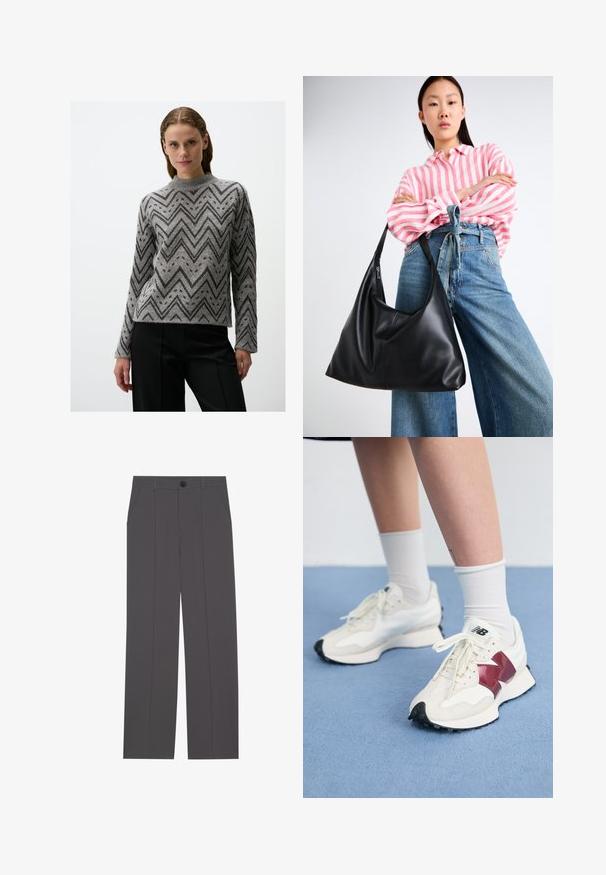 Grauer Pullover mit Chevron-Muster in Schwarz, hoher Ausschnitt und langen Ärmeln, aus strukturiertem Strickstoff gefertigt.; Graue Hose im geraden Schnitt, mit zwei seitlichen Taschen und einem Knopfverschluss. Glattes Material ohne sichtbare Muster oder Akzente.; Ein Paar weiße Sneakers mit kastanienbraunen Akzenten, strukturierten Paneelen, flacher schwarzer Außensohle und hellen Schnürsenkeln, getragen mit weißen Knöchelsocken.; Schwarze Leder-Umhängetasche mit einer lässigen Form und Nahtdetails. Das Modell trägt ein pink-weiß gestreiftes Hemd zu weit geschnittenen blauen Jeans.