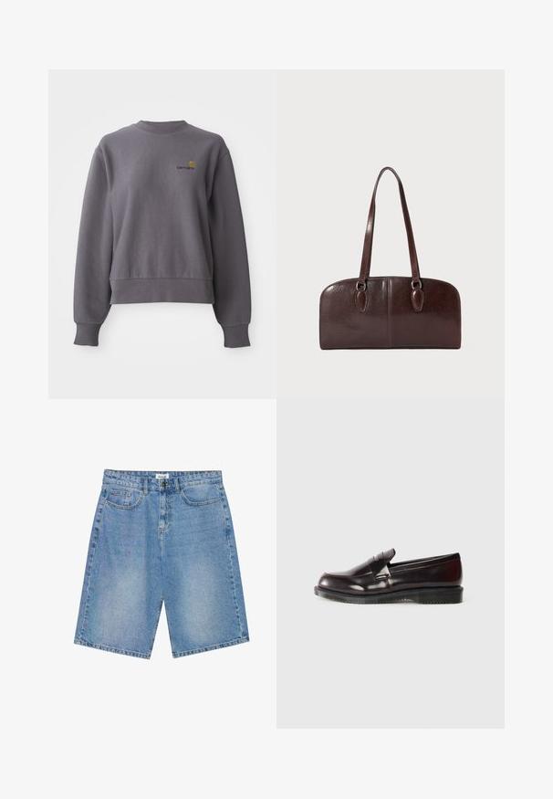 Grijze sweatshirt van een katoenmix. Heeft een ronde halslijn, ribgebreide mouwen en een klein geborduurd logo op de borst.; Lichte blauwe denim shorts met een rechte snit, vijf zakken en contrasterende stiksels. Voorzien van een knoop- en ritssluiting.; Bordeaux leren loafers met een gladde oppervlakte, een verhoogde randdetail en een rubberen zool. Ontworpen met een ronde neus en minimale hardware.; Bruine leren handtas met twee lange handvatten, een gestructureerde rechthoekige vorm, een gladde textuur en ronde randen. Beschikt over accentdetails bij de handvatten.