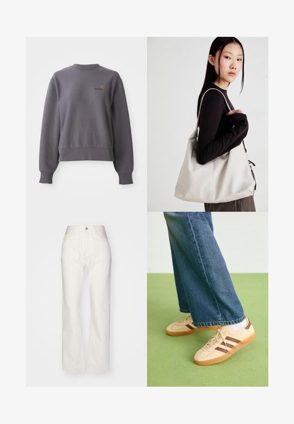 Felpa grigia realizzata in tessuto misto cotone. Presenta un collo rotondo, polsini a costine e un piccolo logo ricamato sul petto.; Pantaloni in denim bianco con vita alta e taglio ampio. Presentano chiusura con bottone e zip, passanti per cintura e dettagli di cucitura sottili.; Sneakers beige con pannelli texturizzati crema e strisce marroni, abbinati a jeans in denim blu. I jeans hanno un taglio largo e orlo sfilacciato.; Borsa a mano beige realizzata in materiale morbido, caratterizzata da un design morbido, dettagli cuciti e due manici. Adatta per l'uso quotidiano.