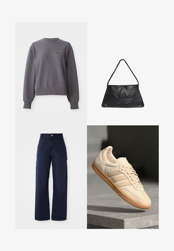 Grauer Pullover aus einem Baumwollmischgewebe. Verfügt über einen runden Halsausschnitt, gerippte Bündchen und ein kleines gesticktes Logo auf der Brust.; Marineblaue, weite Cargo-Hosen aus robustem Baumwollstoff, mit Seitentaschen und einem Knopfverschluss an der Taille.; Helle beigetöne Wildledersneaker mit Gumminsohle, drei schrägen Streifen und einer strukturierten Zehenkappe. Mit Logo auf der Zunge und der Seite.; Schwarze Lederhandtasche mit trapezförmiger Form, ausgestattet mit einem erhöhten Adidas-Logo-Design und einem dünnen Schultergurt. Reißverschlussöffnung an der Oberseite.
