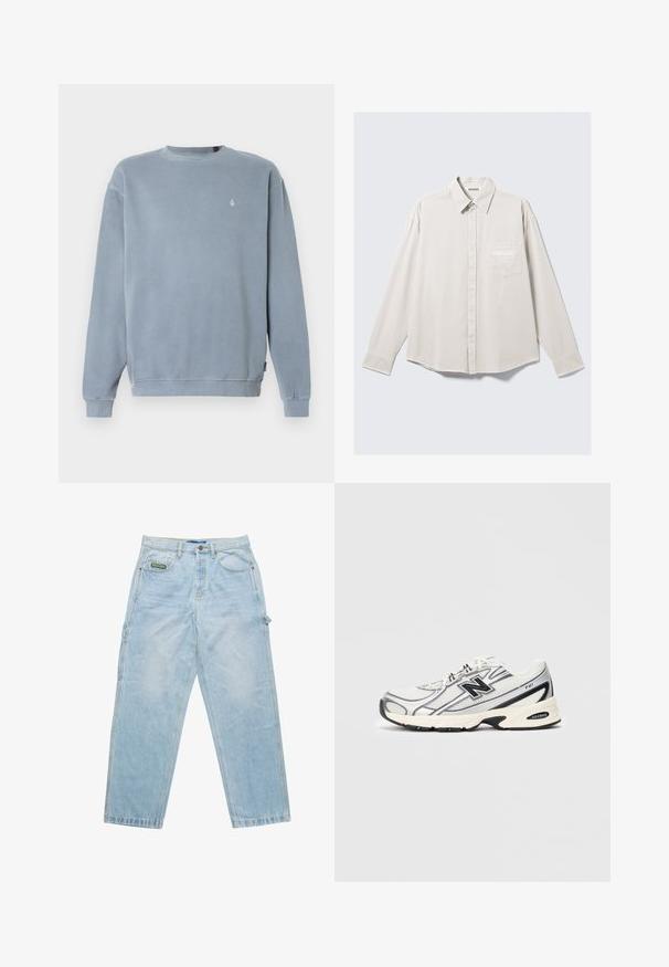 Light blue sweatshirt made of cotton, featuring a ribbed crew neck, long sleeves, and a small logo on the chest. Soft, textured finish.; Long-sleeve beige button-up shirt with collar and chest pocket featuring subtle "ATHLETIX DEPT" embroidery.; Light blue denim jeans with a loose fit, five-pocket design, and visible stitching. Features a brand label on the front pocket.; White and gray athletic sneaker with black "N" logo, mesh upper, cushioned sole, and lace-up design, shown on plain light gray background.