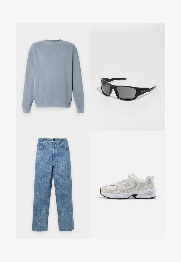 Sweatshirt azul claro feito de algodão, com um pescoço redondo canelado, mangas longas e um pequeno logotipo no peito. Acabamento macio e texturizado.; Jeans de ganga azul com efeito desbotado, corte reto, botão frontal, passantes para cinto e estilo de cinco bolsos.; Sapatilha desportiva com cabedal em malha cinza claro e pormenores em camurça, atacadores brancos e sola de borracha preta. Detalhe notável de amortecimento ABZORB.; Óculos de sol pretos com forma retangular, feitos de plástico durável, com lentes cinzas e um detalhe dourado na lateral.